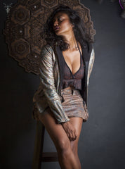 Faux Leather Printed Warm Hooded Jacket