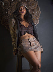 Faux Leather Printed Warm Hooded Jacket