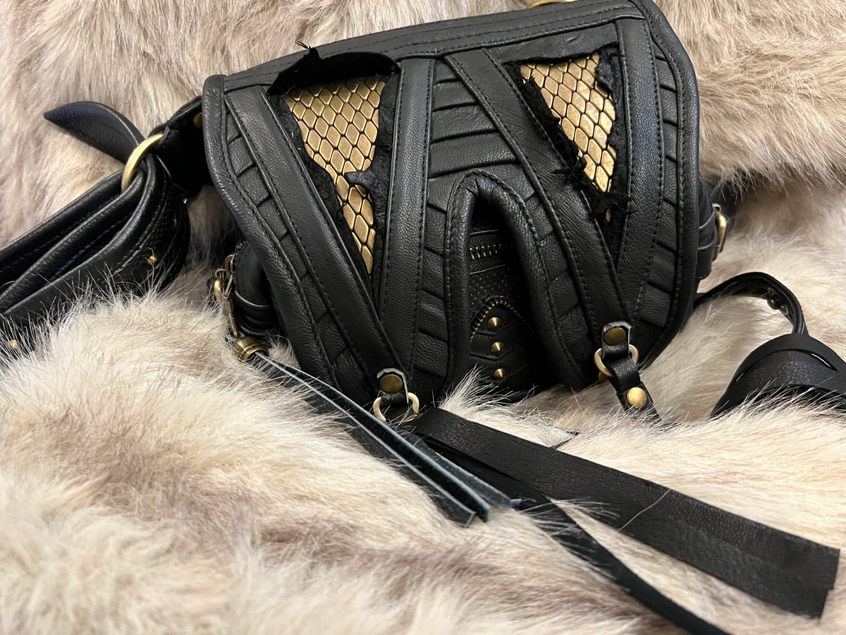 Bespoke leather bag with brass details & belt