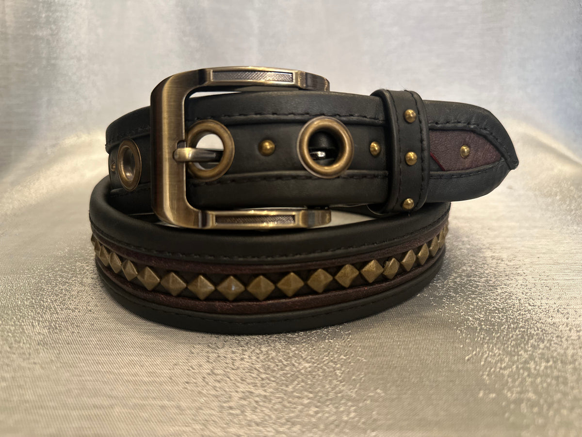 Triangle Stud, Black Leather, Gold Hardware