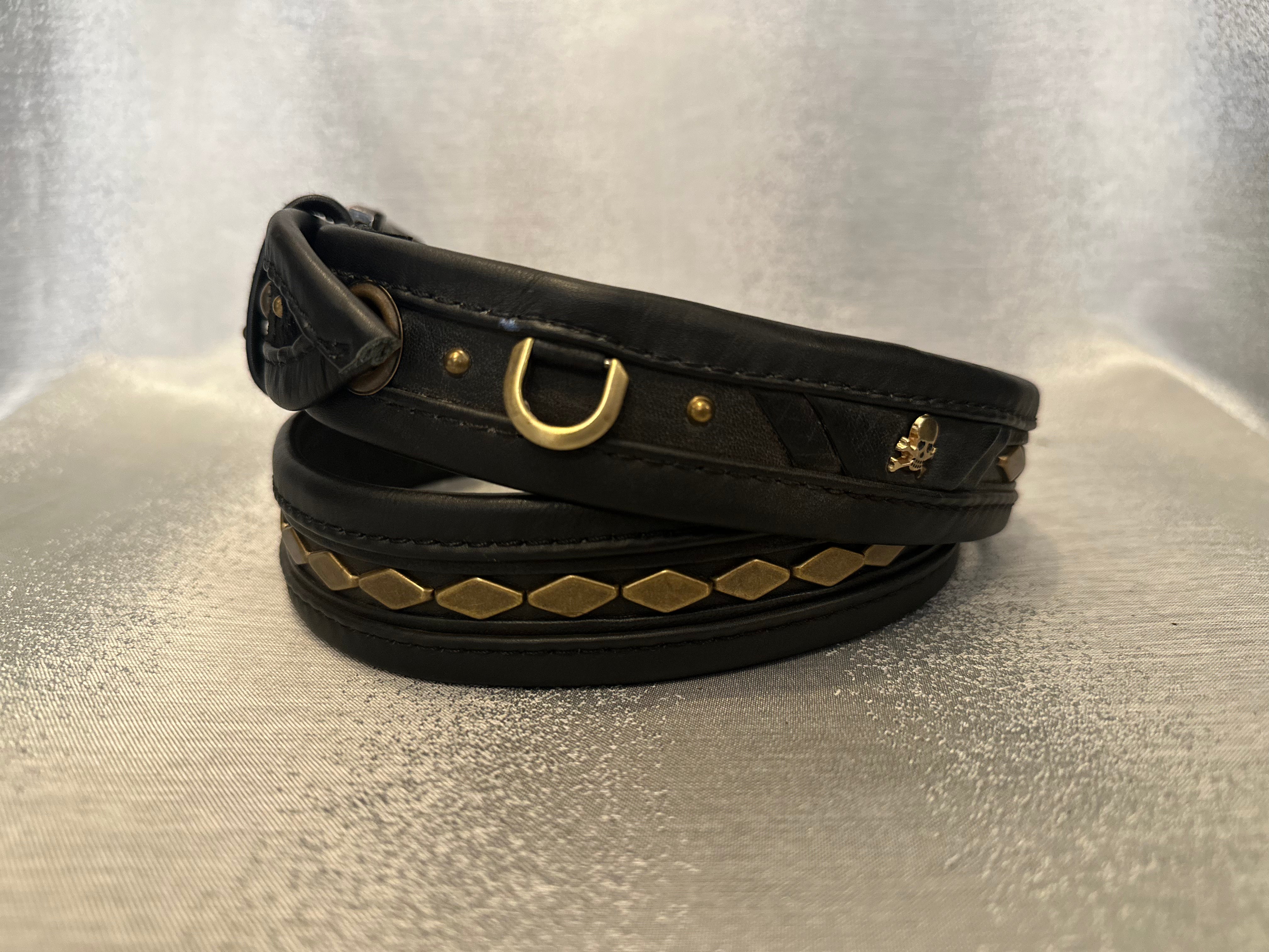 Heart Shaped Soul and Trapezoid Stud, Black Leather, Gold Hardware
